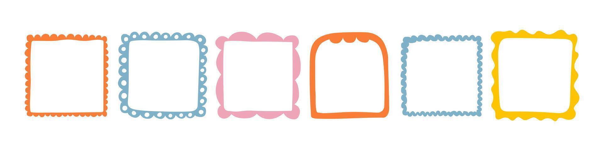 Different doodle wave curve edge frame. Hand drawn wavy rectangle borders. Doodle brush drawn square and circle picture frame. illustration isolated on white background. vector