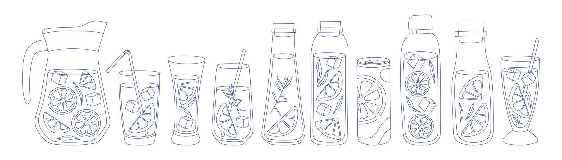 Bright lemonade juice in different glasses and pitcher. Set of refreshing drinks with ice and straw in glass cups. Summer cold drinks, hand drawn yellow lemons slices and leaves vector