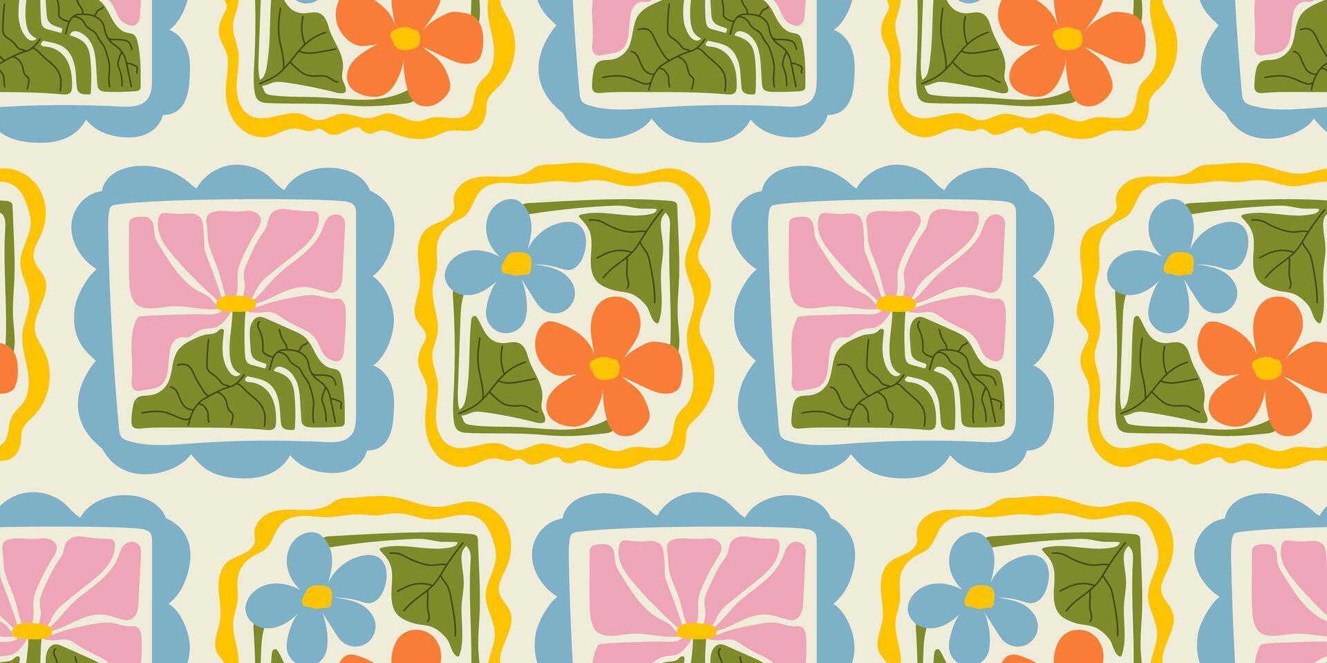 Retro groovy flower power background. Vintage 1970s floral seamless pattern. Hippie fun wallpaper. 1960s print for fabric, wrapping paper, stationery vector