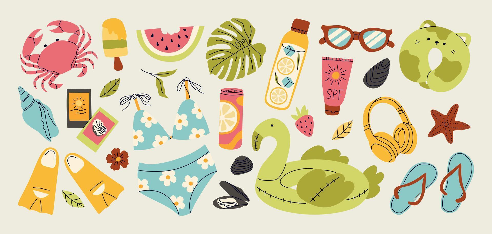 Set of summer stickers. Icons for tropical vacation. Seasonal elements collection. Flamingos, ice cream, swimsuit, tropic leaves, cocktails, plumeria, watermelon, beach accessories. vector