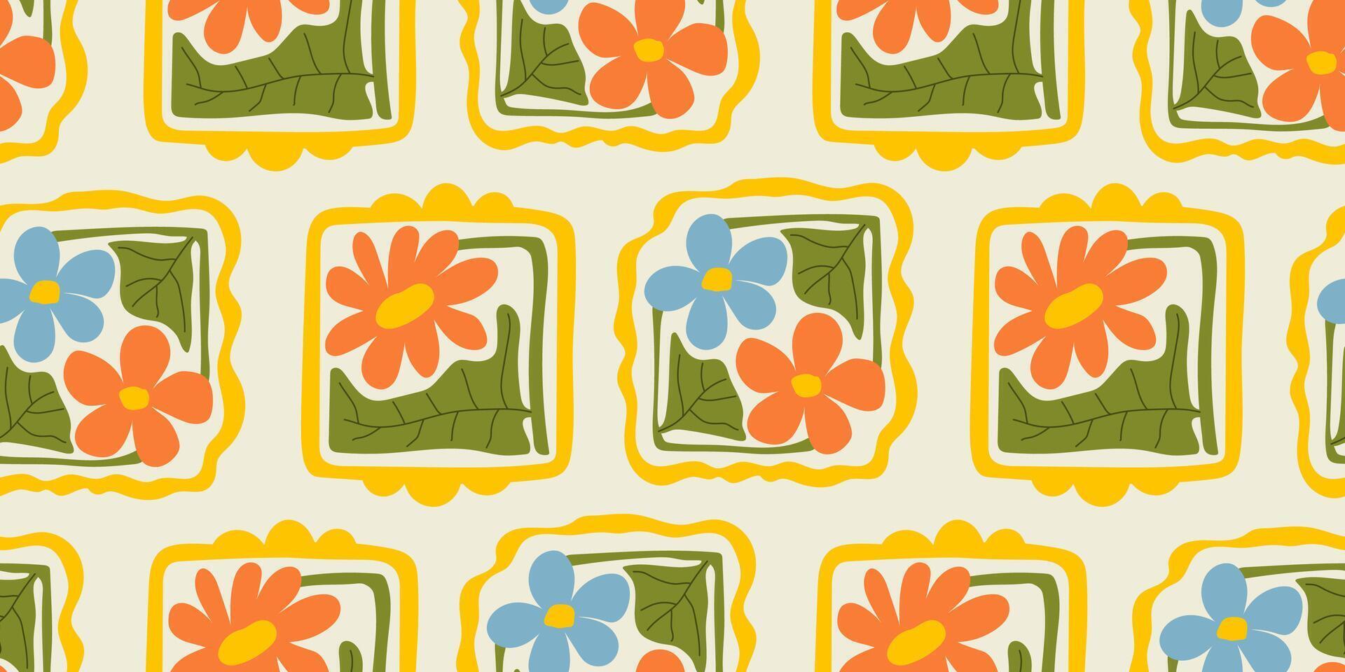 Abstract geometric floral seamless pattern. Matisse art inspired botanical background. Modern flat illustration with stylized flowers. Mid century print for wallpaper, fabric, package, paper vector
