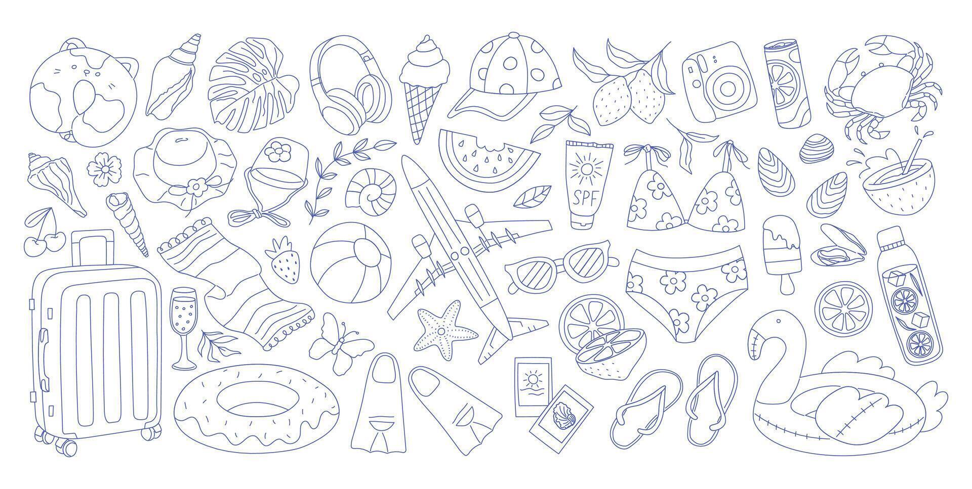 Big set of Summer sticker in outline style. Icons, signs, banners. Bright summertime poster. Collection elements for summer holiday and scrapbooking elements for beach party. vector
