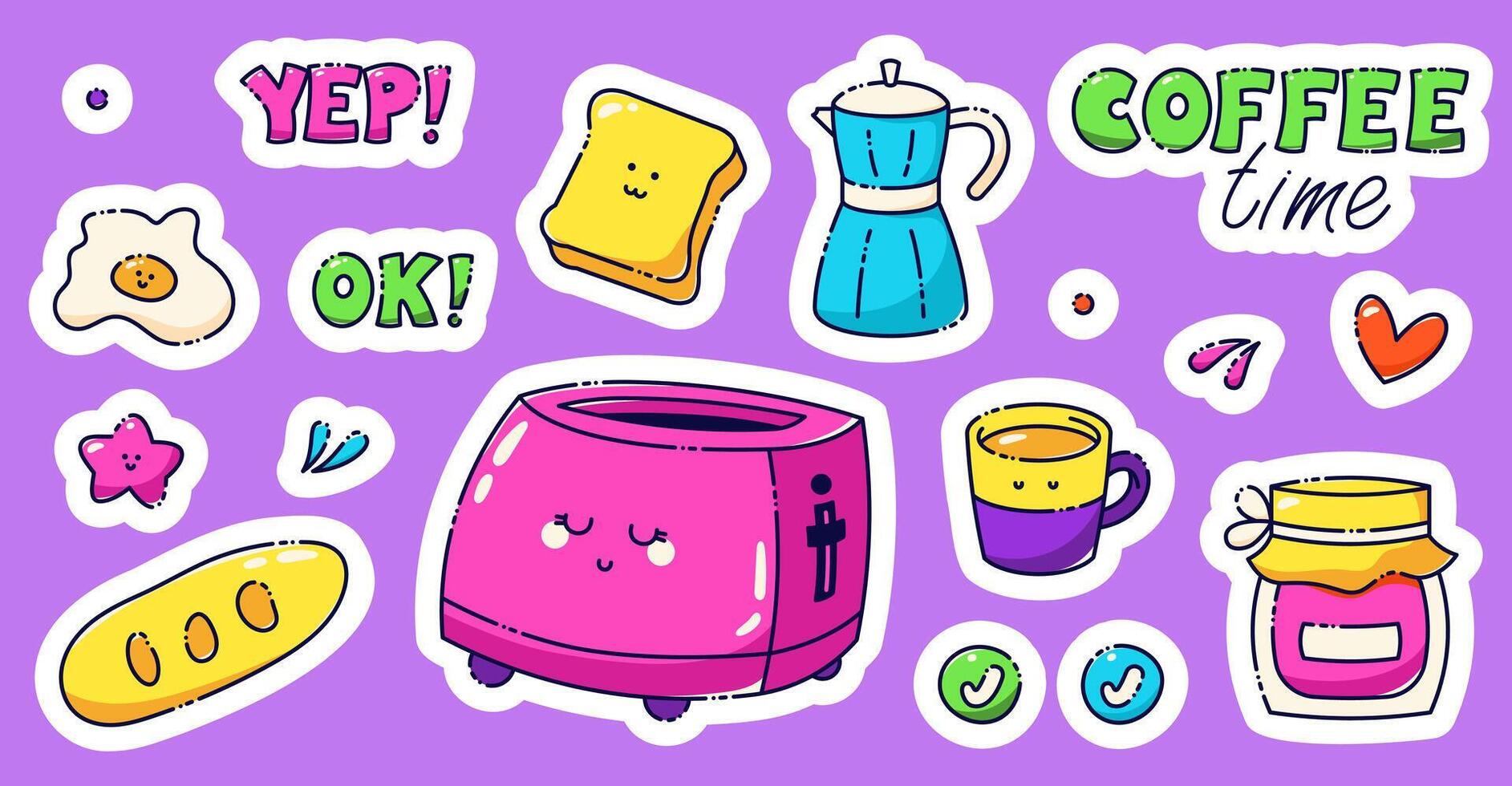 A set of kawaii stickers for a coffee-themed diary planner drawn in bright neon color. Includes a toaster with a cute smile, egg, geyser coffeemaker, jam, bread and two texts. vector
