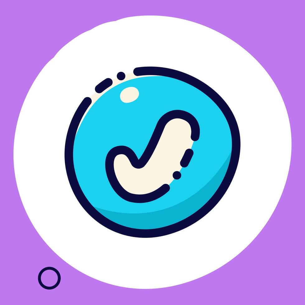 A kawaii sticker with a blue check mark on a purple background. vector