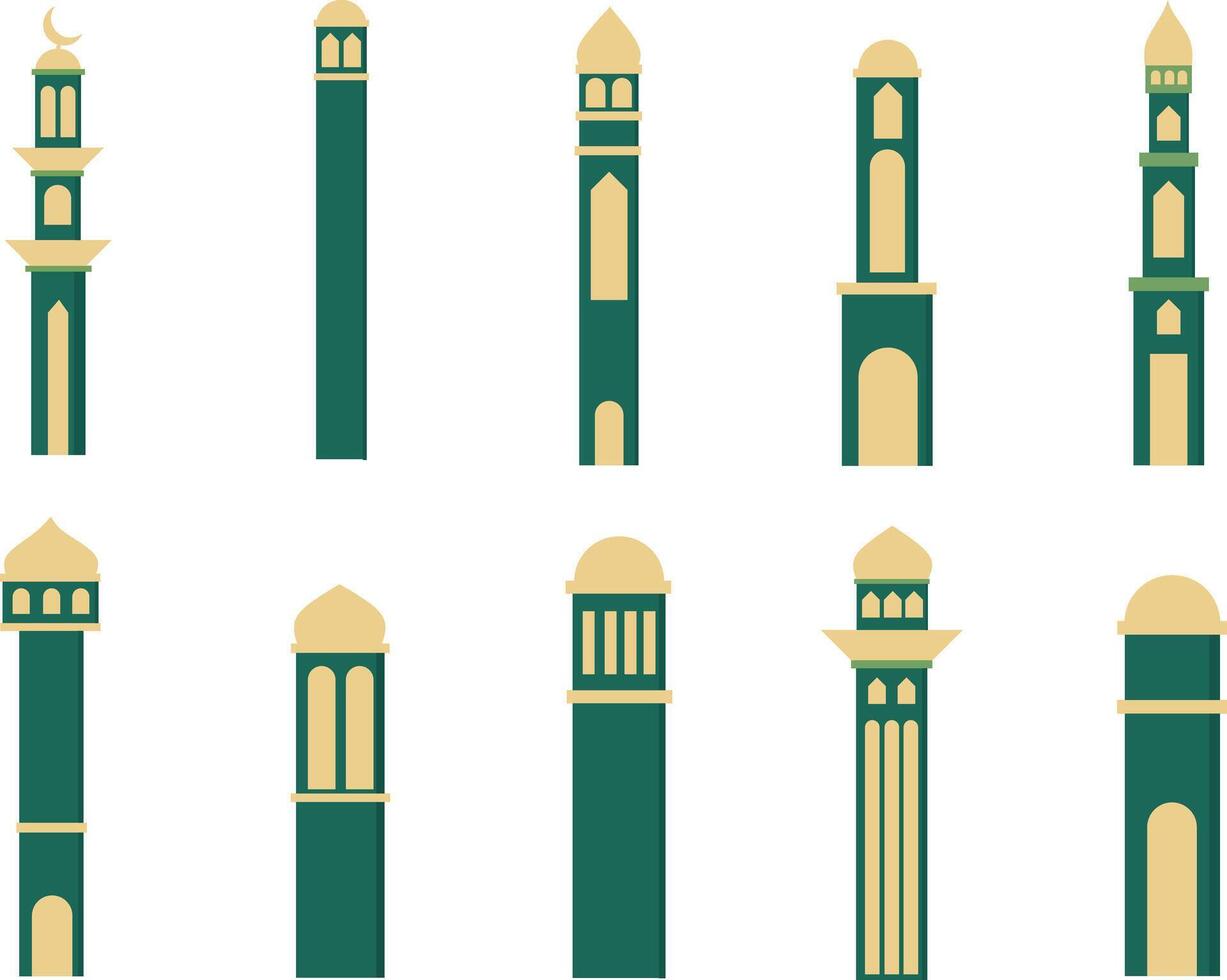A set of mosque tower , minaret illustrations in various architectural styles, for Islamic themes, religious education, cultural designs, and Ramadan or Eid visuals. vector