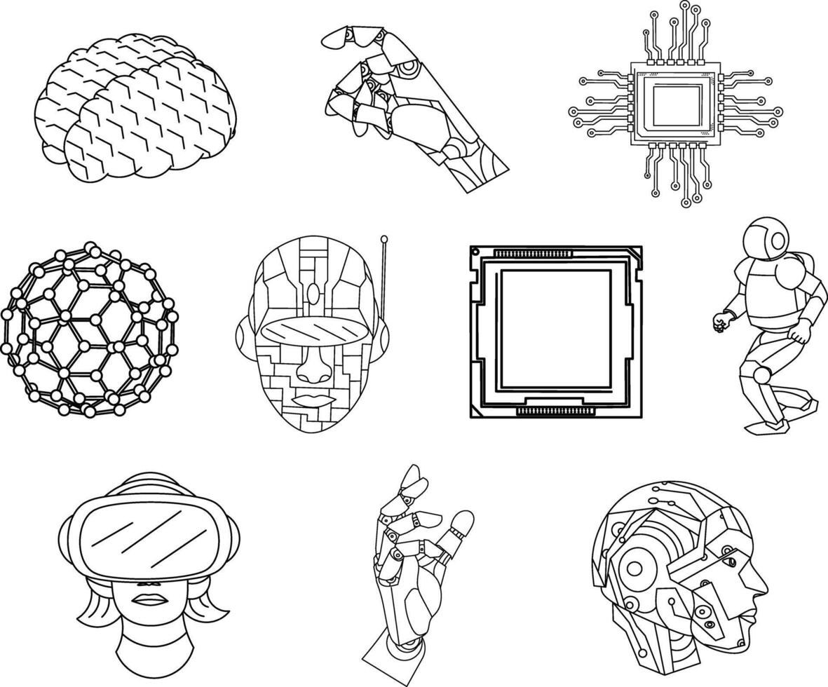 A modern collection of line style illustrations featuring artificial intelligence elements for tech designs, innovation projects, educational content, and futuristic themes vector