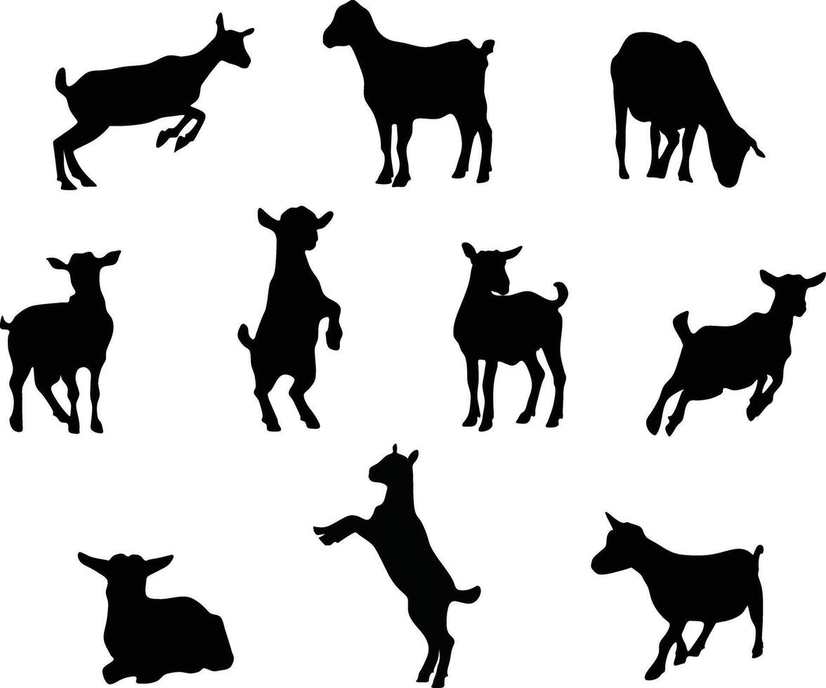 A collection of black silhouette illustrations of qurban goats in various poses, for Eid al Adha designs, Islamic event visuals, educational materials, and cultural projects. vector
