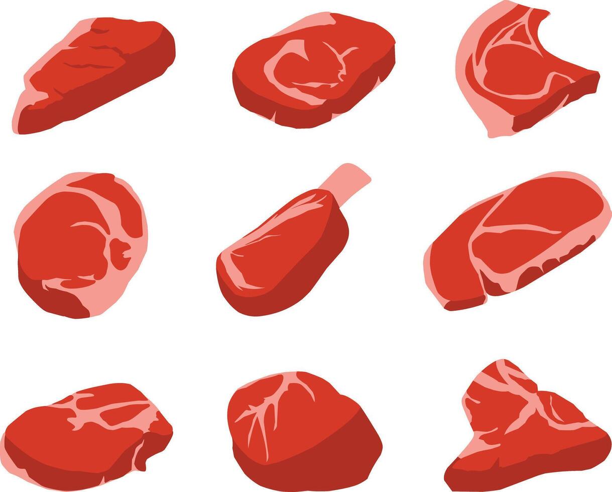 A collection of raw sliced meat illustrations in various cuts and styles. Ideal for butcher shop visuals, culinary designs, recipe content, food packaging, and restaurant menus. vector