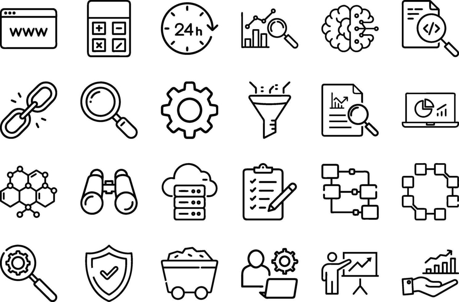 SEO, Data Analysis, and Digital Technology Icons - Line Art Set vector