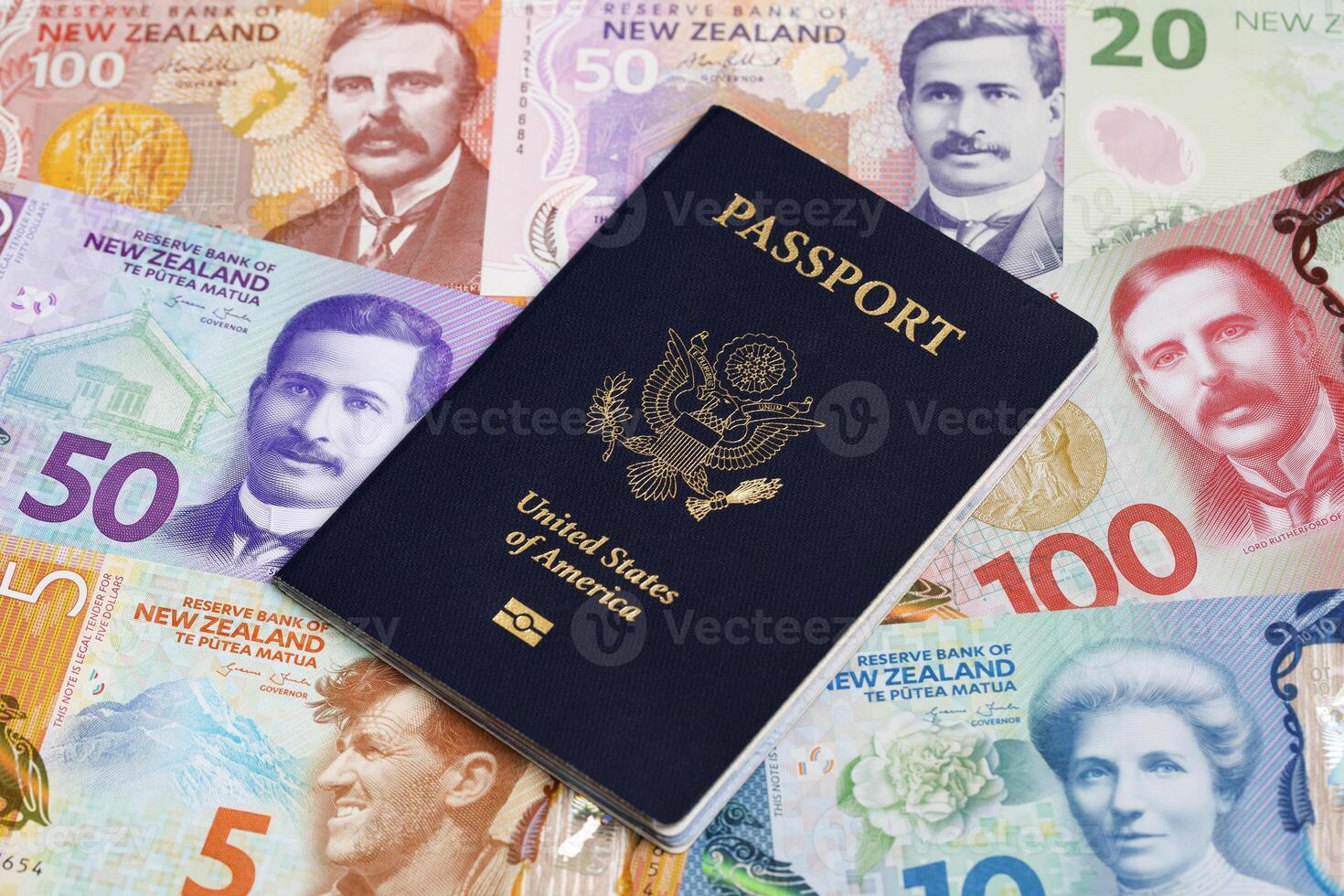 American passport on New Zealand dollar photo