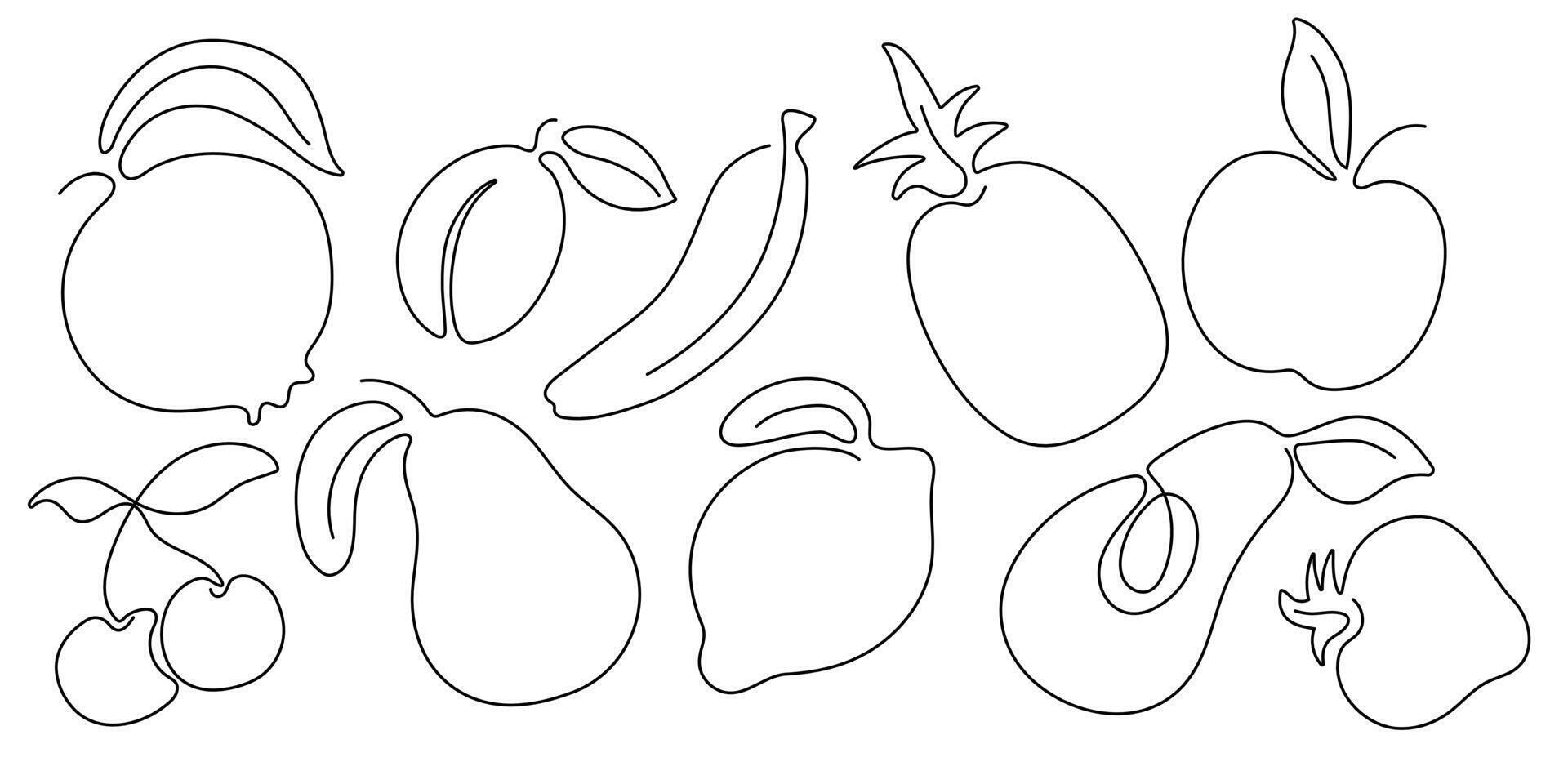 Set continuous one line drawing of different fruits. Hand drawn white and black fruits for logo, wallart, posters. Minimalistic design illustration EPS10. vector