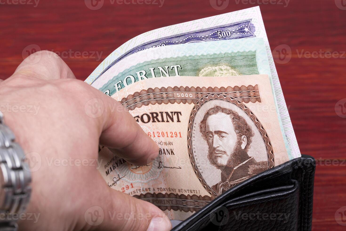 Old Hungarian money - Forint in the black wallet on a wooden background photo