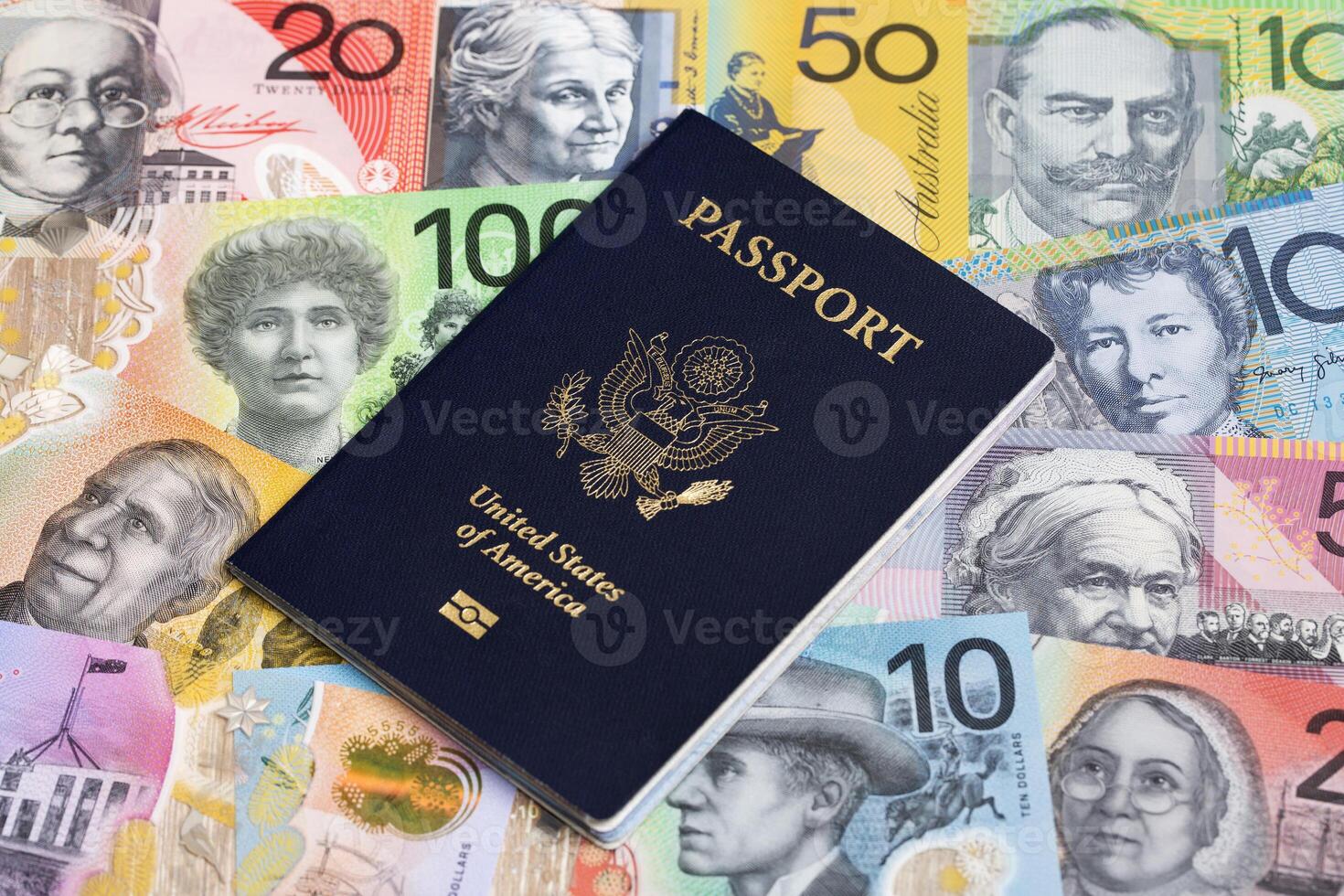 American passport on Australian dollar photo