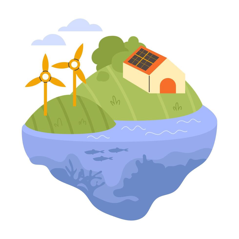 Concept of green energy, ecology. Wind turbines, solar panels on the roof of the house vector