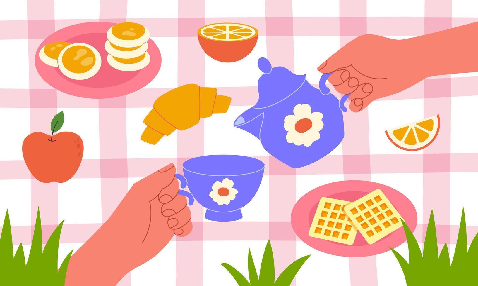 Summer picnic, tea party. A man pours tea into a cup vector