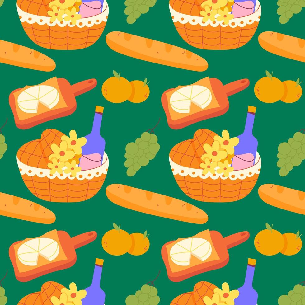 Summer picnic seamless pattern on green background vector
