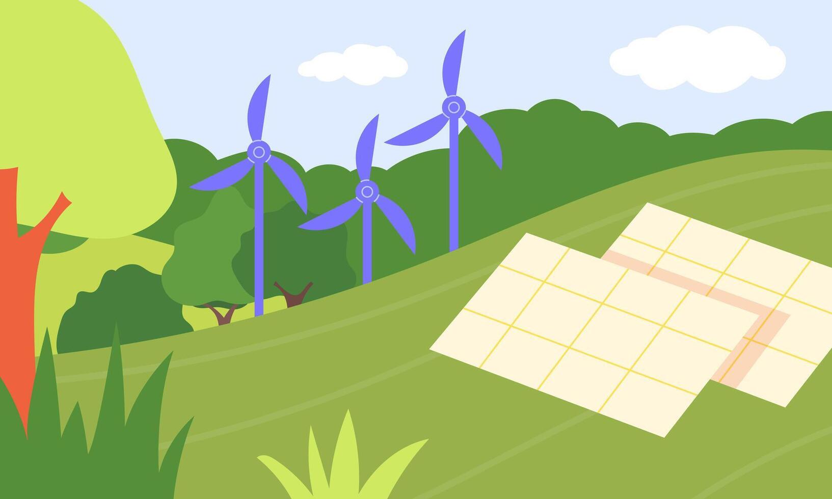 Green energy. Solar panels and wind turbines against the backdrop of nature vector