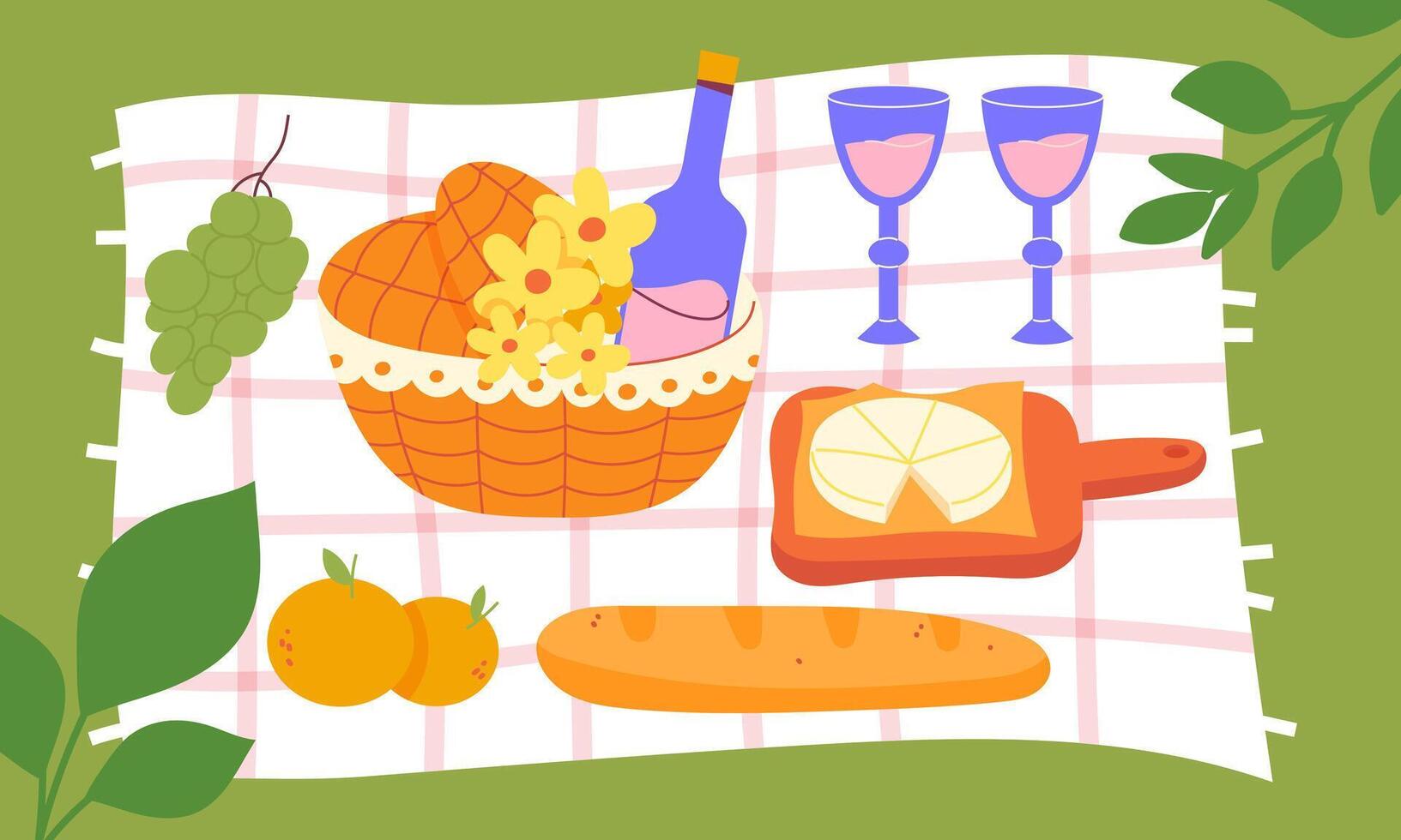 Summer picnic. Stylish picnic in nature with fruit, cheese, bread, wine vector