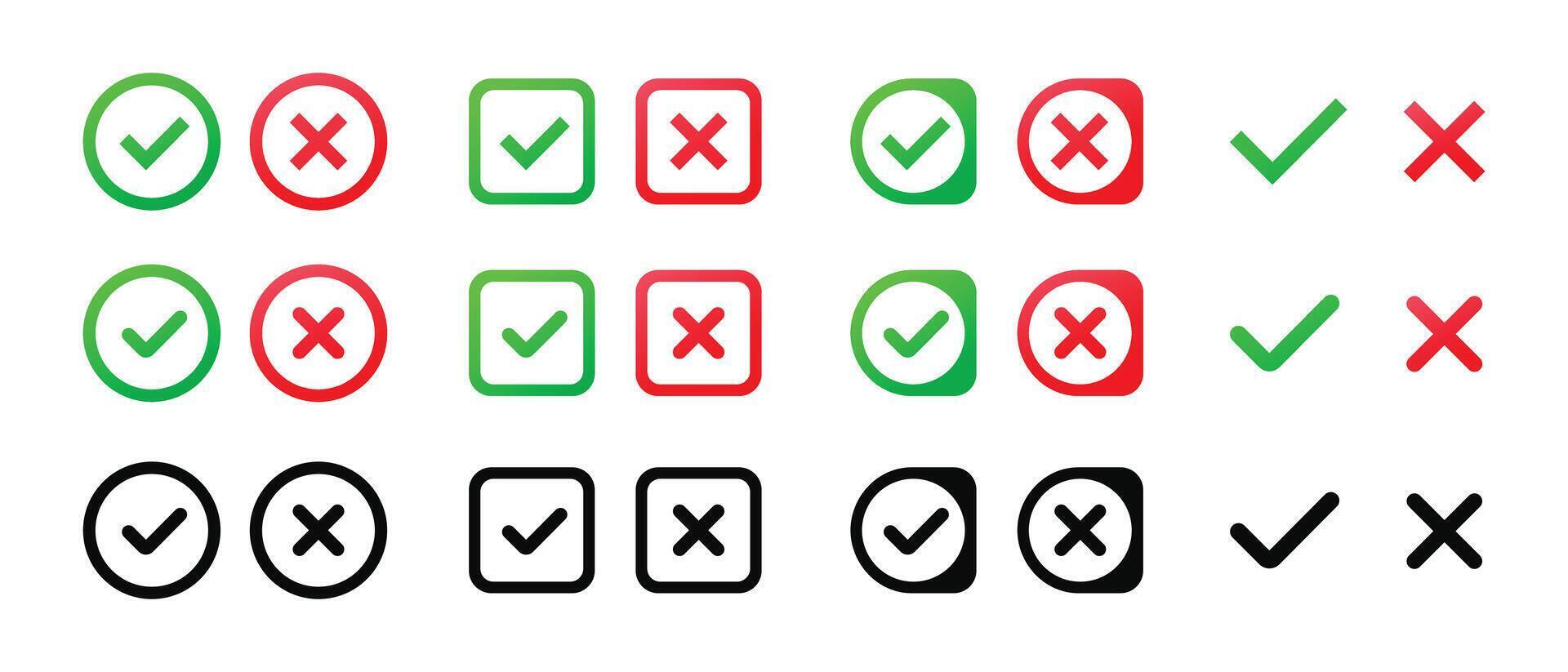Check Mark and Cross Icons Set. A versatile collection of check marks and cross icons in various shapes, colors, and styles, perfect for user interfaces, presentations, and design projects vector