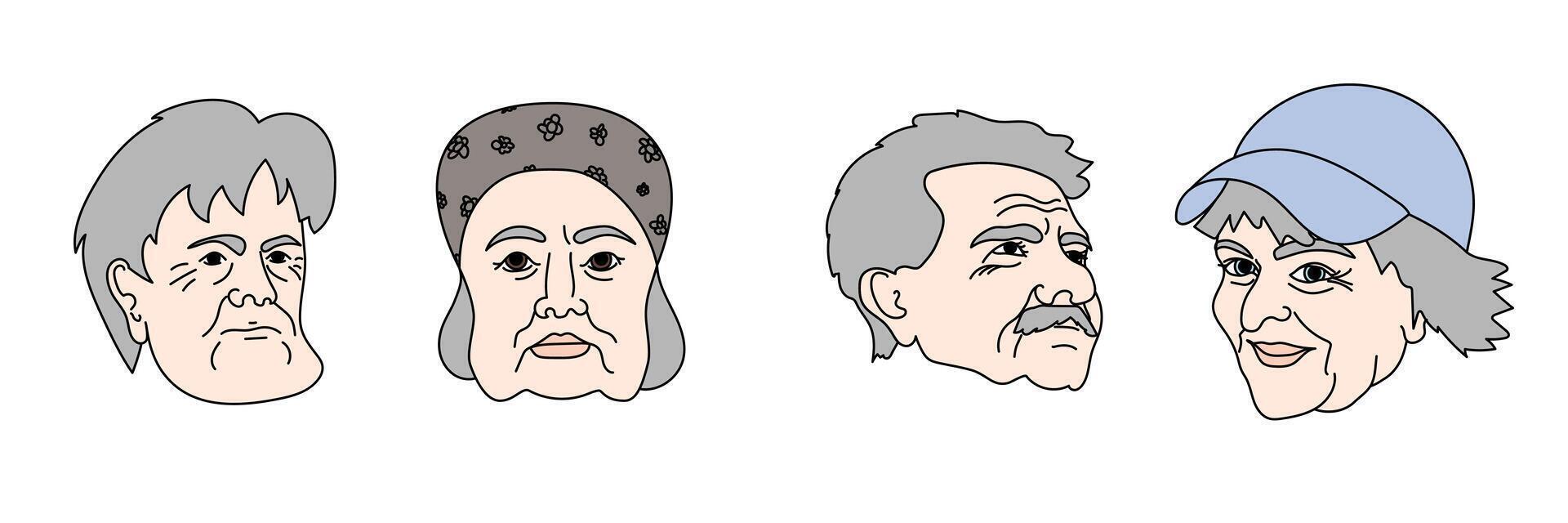 Four simple cartoon drawings representing elderly people with gray hair and wrinkles vector