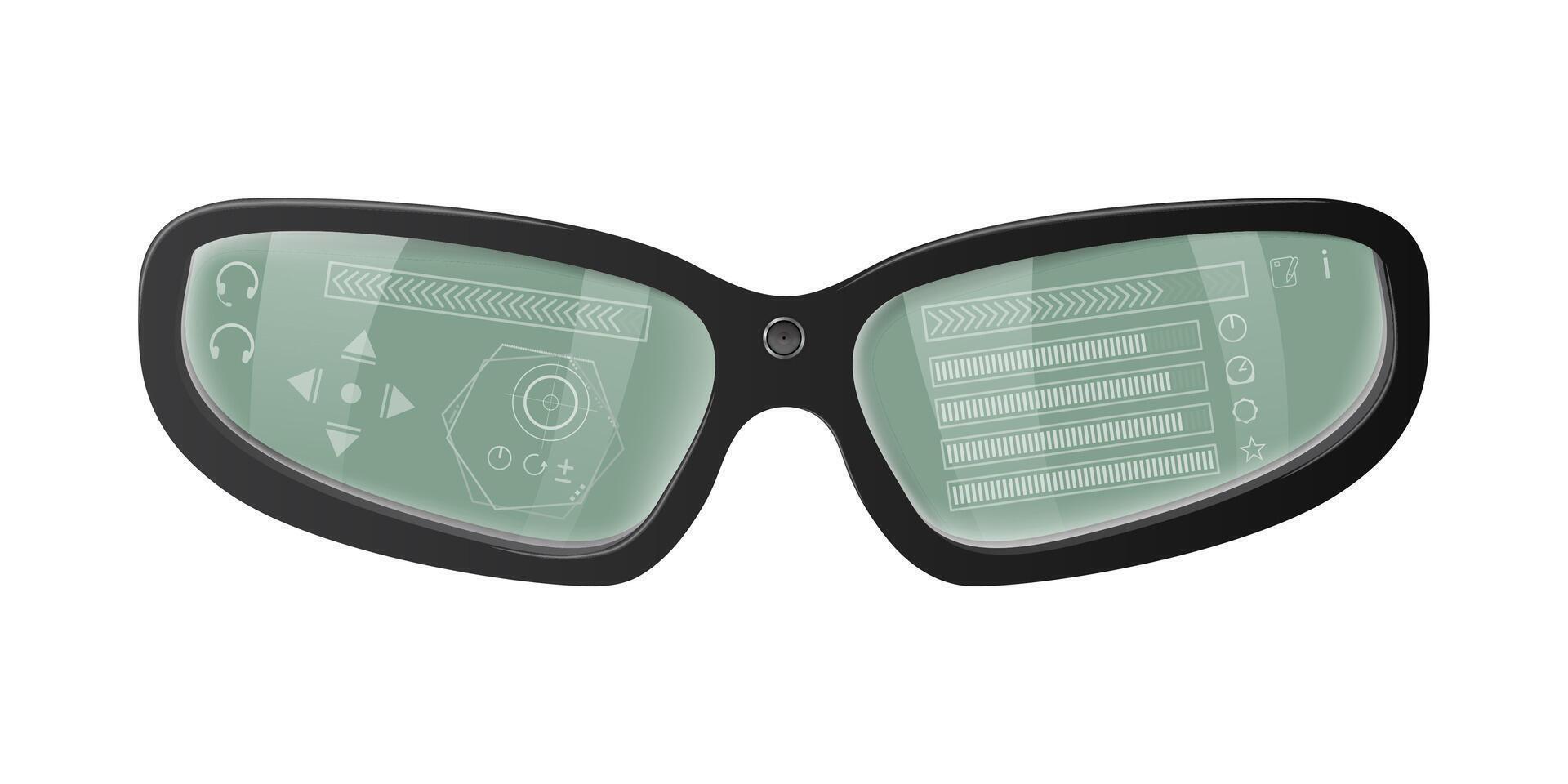 Smart glasses showing user interface with control buttons and audio player vector