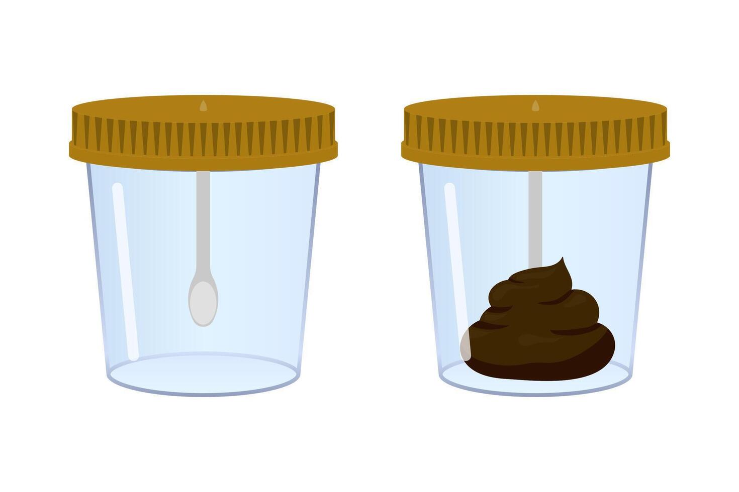 Stool sample in medical container and empty container with spoon vector