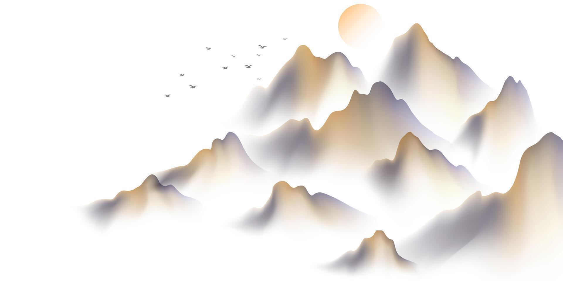 A mountain range with birds flying over it vector