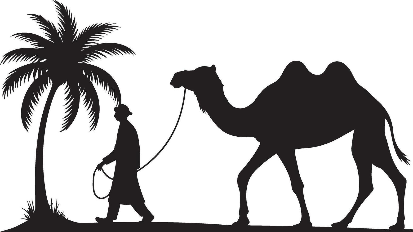 A silhouette of a camel, a wild mammal of the desert, stands on the sandy beach vector