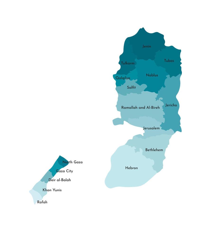 isolated illustration of simplified administrative map of Palestine. Borders and names of the governorates, regions. Colorful blue khaki silhouettes vector