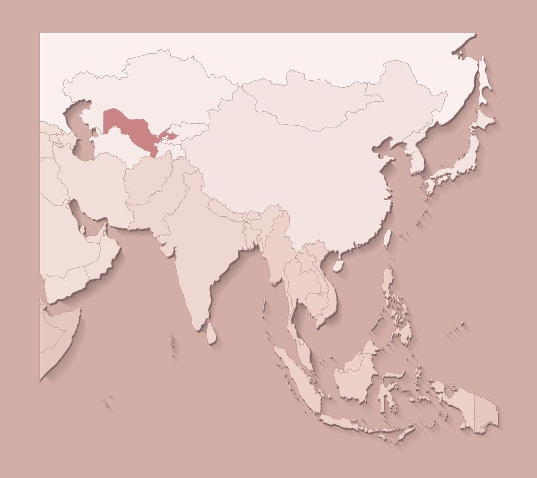 illustration with asian areas with borders of states and marked country Uzbekistan. Political map in brown colors with regions. Beige background vector