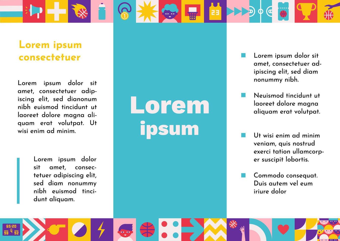 flat horizontal booklet A4 size with square abstract icons which are symbols of world basketball championship or cup. Template for ad brochure with copy space, geometrical sport clipart vector