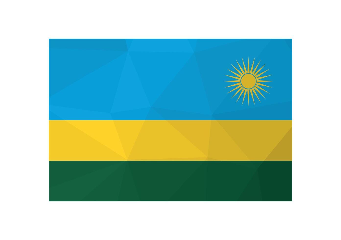 illustration. Official symbol of Rwanda. National flag iwith blue, yellow, green stripes and sun. Creative design in low poly style with triangular shapes vector