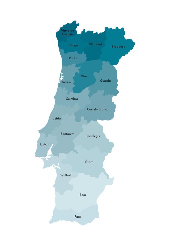 isolated illustration of simplified administrative map of Portugal. Borders and names of the regions. Colorful blue khaki silhouettes. vector