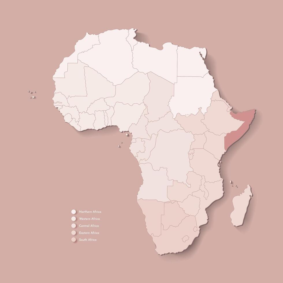 Illustration with African continent with borders of all states and marked country Somalia. Political map in brown colors with western, south and etc regions. Beige background vector