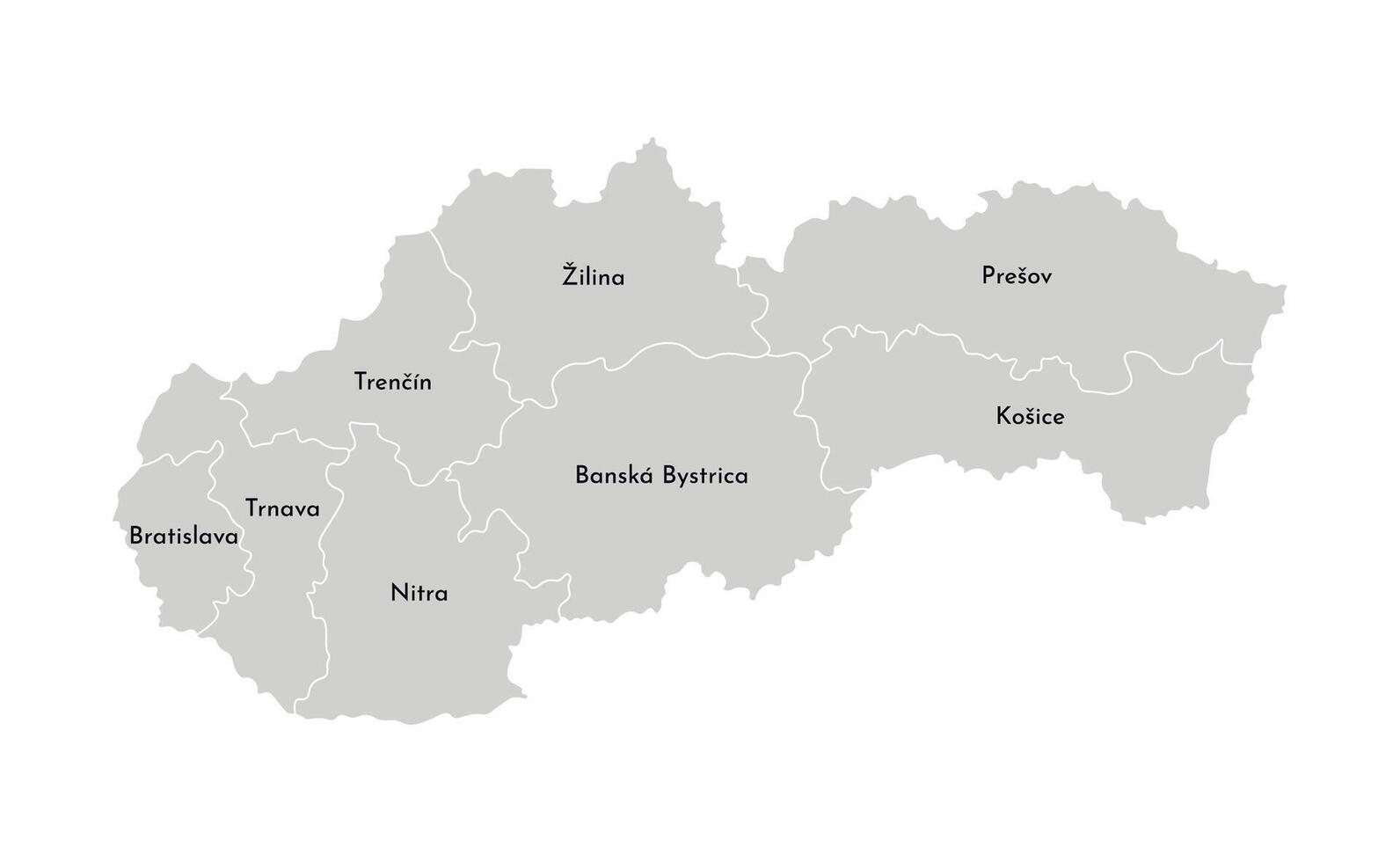 isolated illustration of simplified administrative map of Slovakia. Borders and names of the provinces, regions. Grey silhouettes. White outline. vector