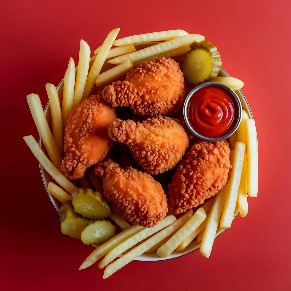 Fried chicken nuggets and french fries on a red background photo