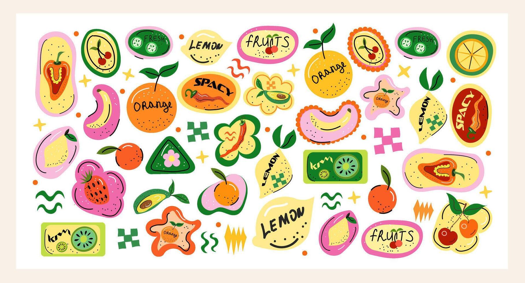 Trendy fruit sticker set with bold lettering and vibrant colors hand-drawn labels with lemons, oranges, kiwis, cherries and juicy tropical vibes, perfect for packaging and summer design. vector