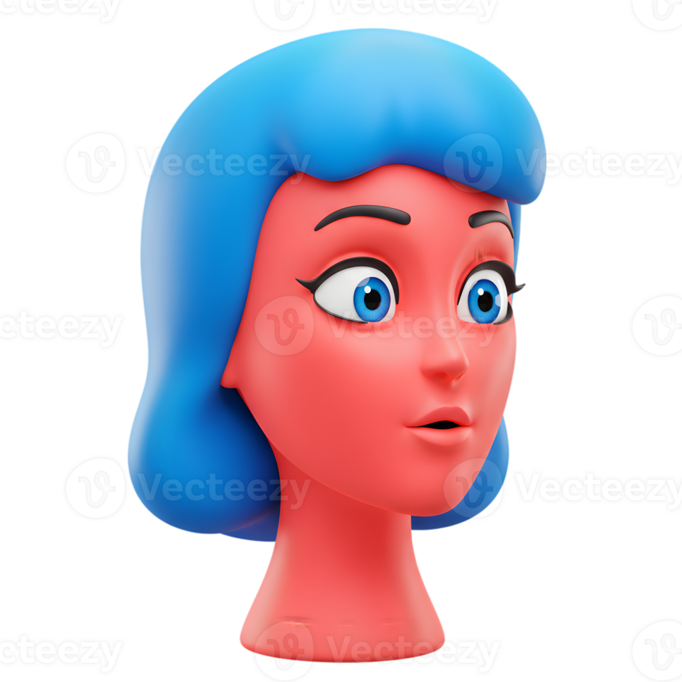 Stylized 3D Rendering of a Woman's Head with Animated Features and Vivid Colors png