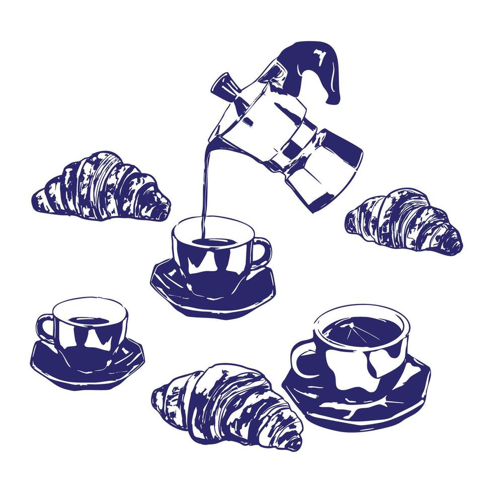 Vintage Coffee and Croissant Breakfast Doodle vector