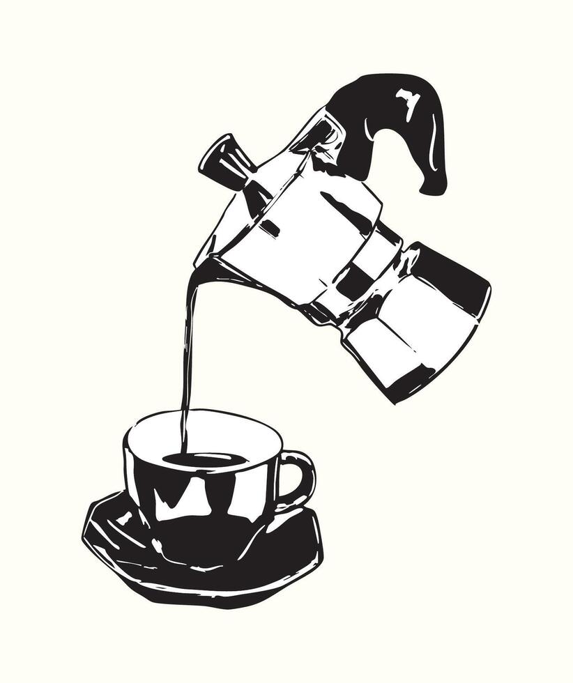 Black and White Moka Pot Pouring Coffee Illustration vector