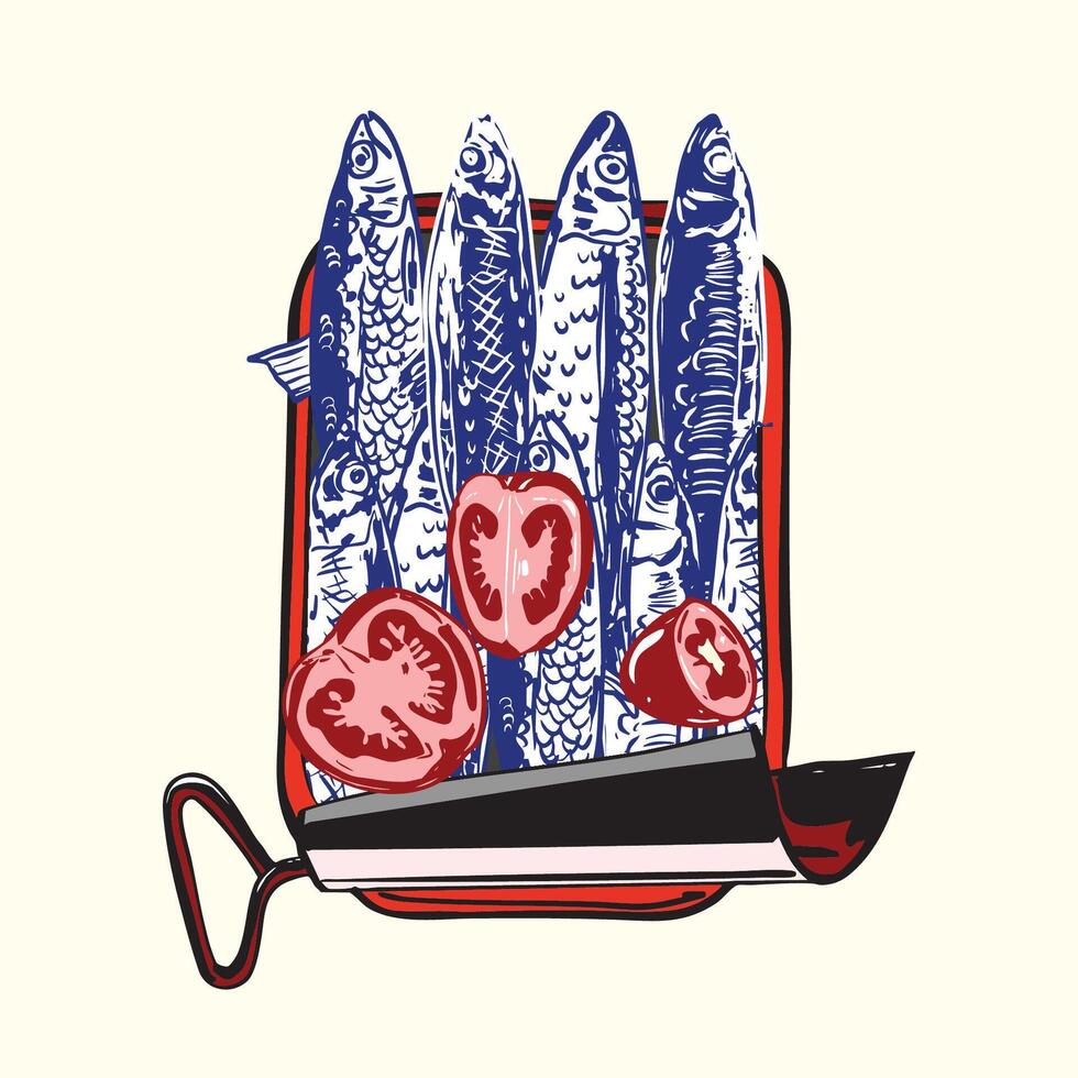 Vintage Illustration of Sardines and Tomato Slices in Tin Can vector