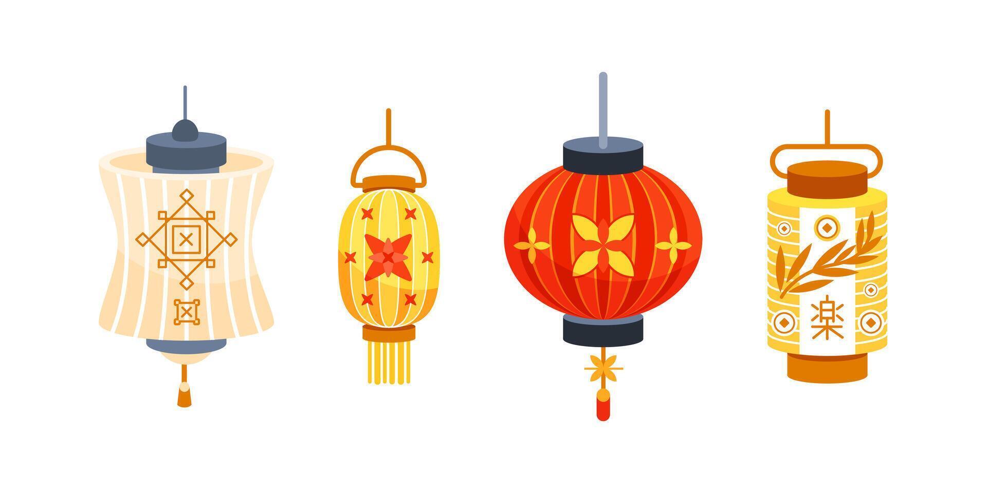 Traditional chinese paper lanterns hanging, celebrating Lunar New Year vector