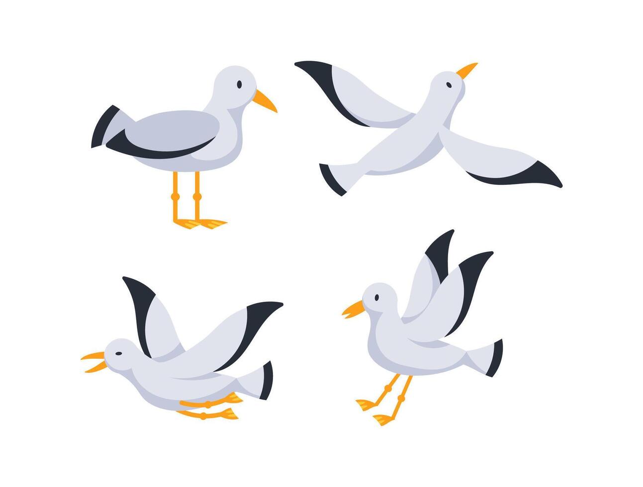 Seagull flying and standing, flapping wings and screaming, cartoon set vector