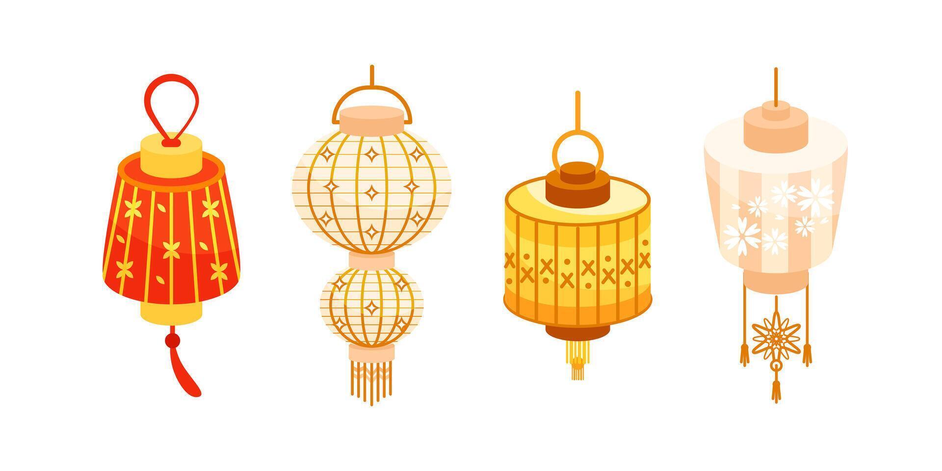 Four colorful chinese paper lanterns hanging and celebrating lunar new year vector