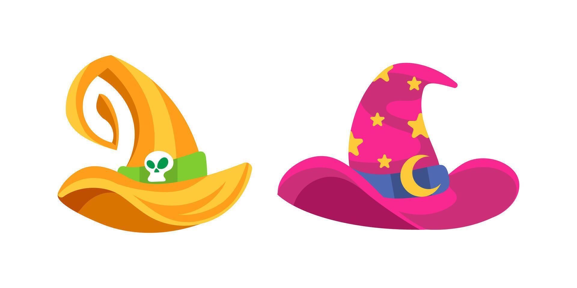 Colorful witch and wizard hats showing halloween spooky and magical symbols vector