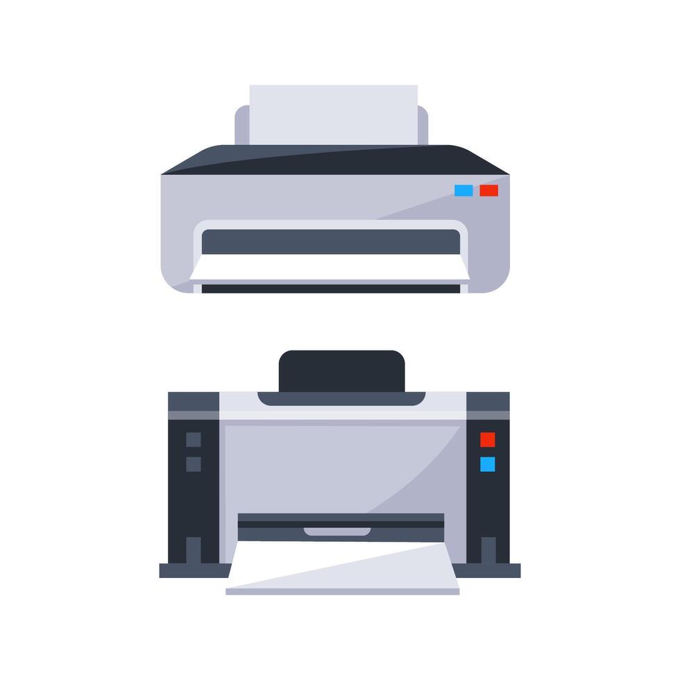 Two gray printers printing documents on white background vector