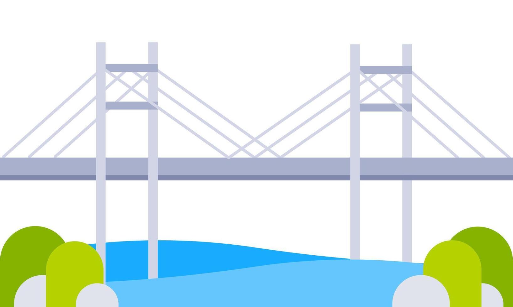 Cable stayed bridge crossing blue water with green trees on riverbank in flat design vector
