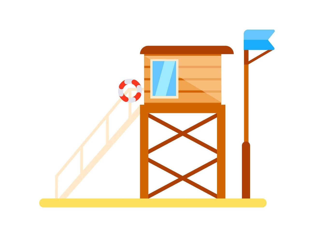 Wooden lifeguard tower standing on beach with blue flag and lifebuoy ring vector