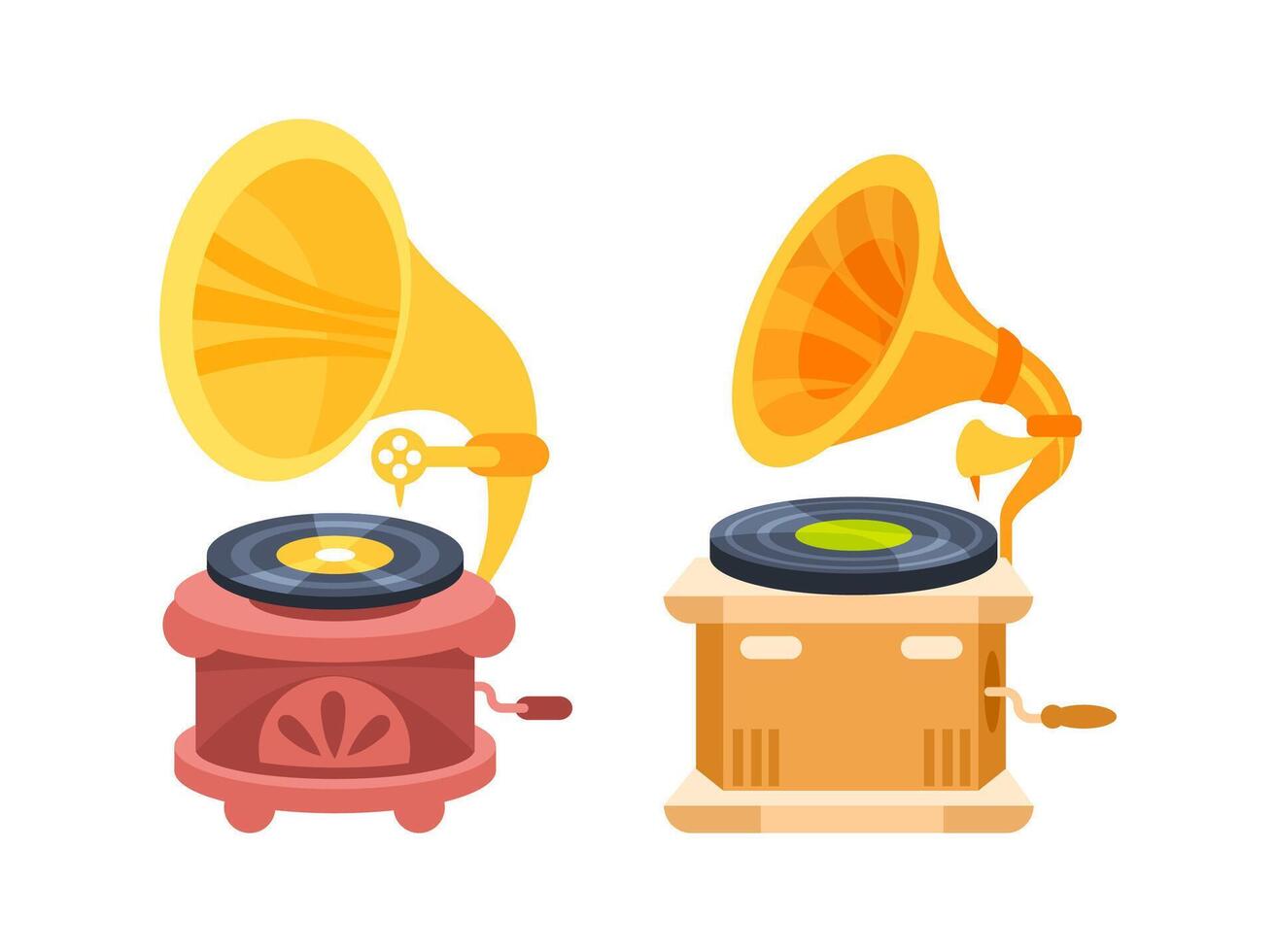 Two vintage gramophones playing vinyl records with large horns vector