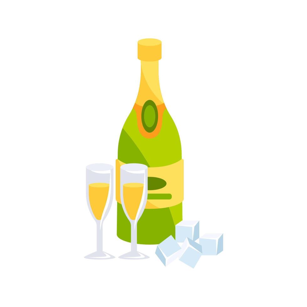 Sparkling Wine Bottle with Two Glasses and Ice Cubes Ready for Celebration vector